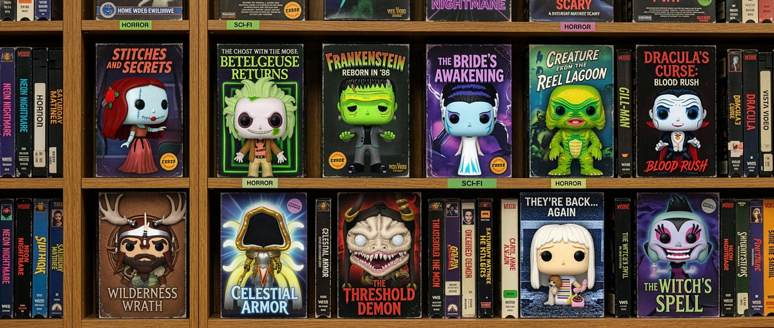 A video store horror section shelf lined with VHS clamshell cases and boxed vinyl monster figures under Horror and Sci-Fi shelf tags