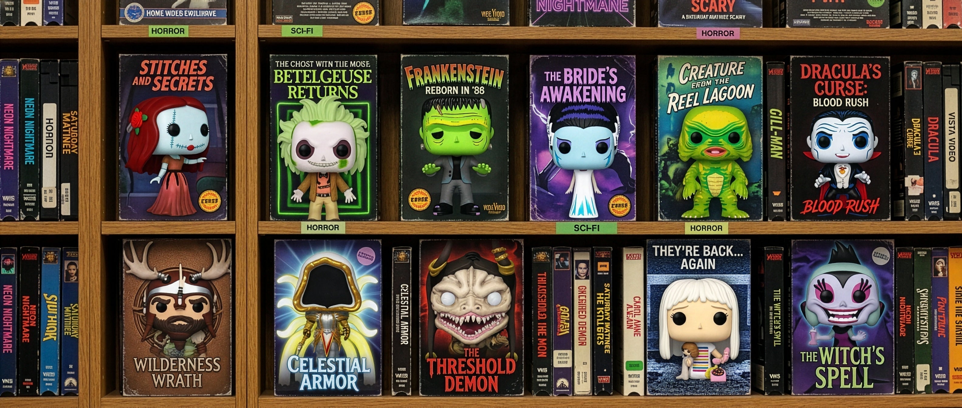 A video store horror section shelf lined with VHS clamshell cases and boxed vinyl monster figures under Horror and Sci-Fi shelf tags