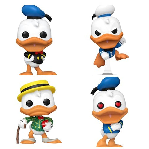 Disney: Donald Duck 90th Anniversary Set of 4: 1938 Donald Duck #1442, Angry Donald Duck #1443, Dapper Donald Duck #1444, Donald Duck with Heart Eyes #1445 Funko Pops + Protective Cases