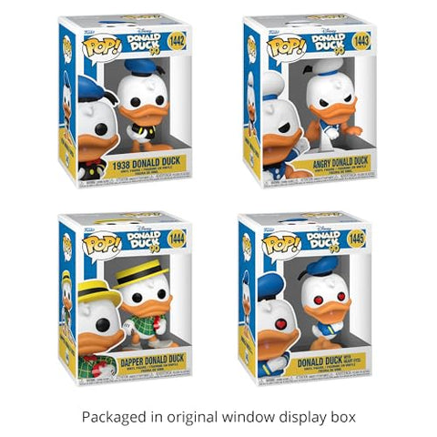 Disney: Donald Duck 90th Anniversary Set of 4: 1938 Donald Duck #1442, Angry Donald Duck #1443, Dapper Donald Duck #1444, Donald Duck with Heart Eyes #1445 Funko Pops + Protective Cases