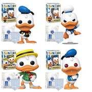 Disney: Donald Duck 90th Anniversary Set of 4: 1938 Donald Duck #1442, Angry Donald Duck #1443, Dapper Donald Duck #1444, Donald Duck with Heart Eyes #1445 Funko Pops + Protective Cases