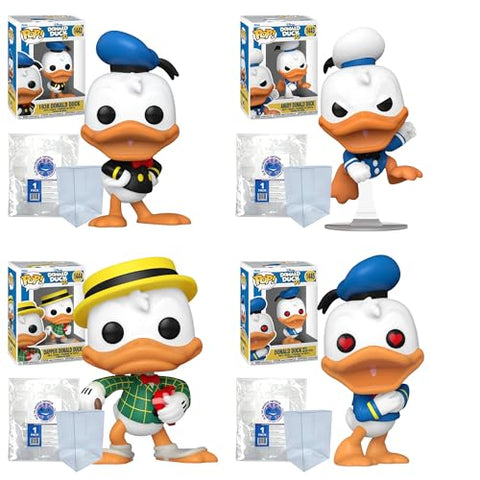 Disney: Donald Duck 90th Anniversary Set of 4: 1938 Donald Duck #1442, Angry Donald Duck #1443, Dapper Donald Duck #1444, Donald Duck with Heart Eyes #1445 Funko Pops + Protective Cases