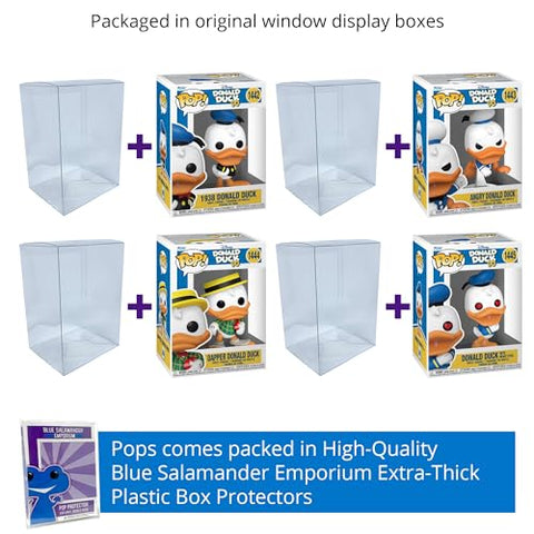 Disney: Donald Duck 90th Anniversary Set of 4: 1938 Donald Duck #1442, Angry Donald Duck #1443, Dapper Donald Duck #1444, Donald Duck with Heart Eyes #1445 Funko Pops + Protective Cases