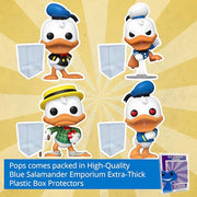 Disney: Donald Duck 90th Anniversary Set of 4: 1938 Donald Duck #1442, Angry Donald Duck #1443, Dapper Donald Duck #1444, Donald Duck with Heart Eyes #1445 Funko Pops + Protective Cases