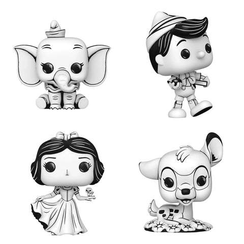 Disney Sketched Set of 4: Dumbo #1524, Pinocchio #1525, Snow White #1526, Bambi #1527 Funko Pops + Protective Cases