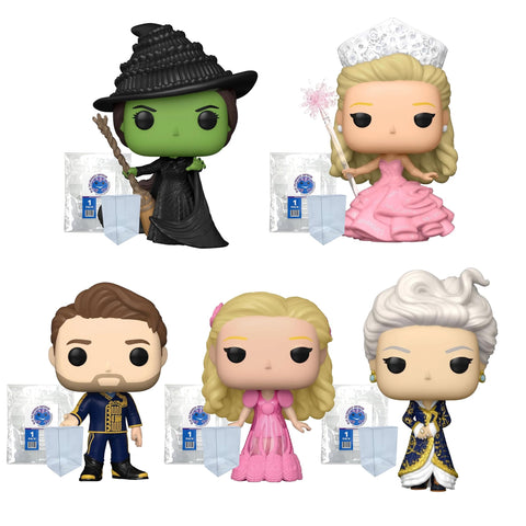 Wicked Set of 5: Elphaba, Glinda in Bubble Gown, Fiyero, Glinda in Nightgown, Madame Morrible Funko Pops + Protective Cases