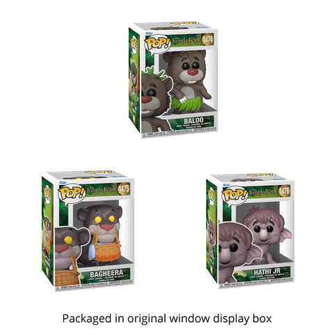 Disney's Jungle Book Set of 3: Baloo #1474, Bagheera with Basket #1475, Hathi Jr #1476 Funko Pop + Protective Cases