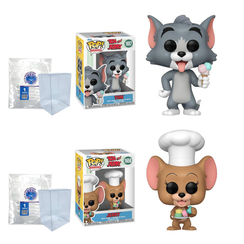 Tom with Ice Cream Cone #1657 and Jerry with Dessert #1658 Funko Pops + Protective Cases