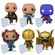 Black Adam (Flying), BA (Lightning), Atom Smasher, Cyclone, Dr. Fate, Hawkman Funko Pops + Protective Cases