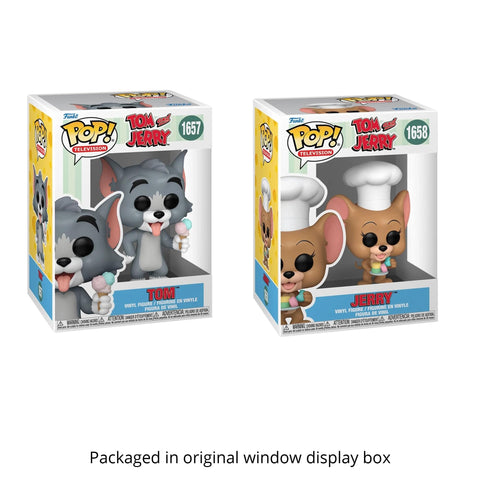 Tom with Ice Cream Cone #1657 and Jerry with Dessert #1658 Funko Pops + Protective Cases