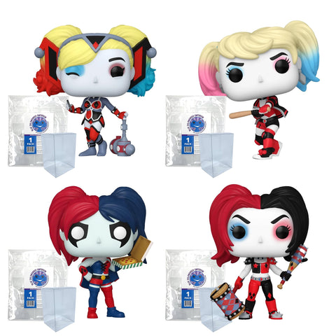 Harley Quinn Takeover: Harley on Apokolips #450, Harley with Bat #451, Harley with Pizza #452, Harley with Accessories #453 Funko Pop Vinyl Figures + Protective Cases