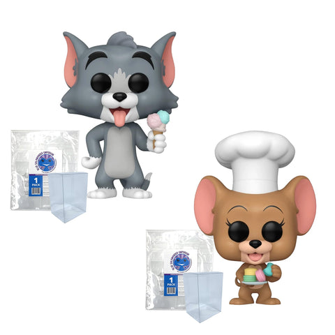 Tom with Ice Cream Cone #1657 and Jerry with Dessert #1658 Funko Pops + Protective Cases