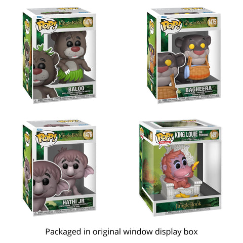 Jungle Book: Baloo, Bagheera with Basket, Hathi Jr, King Louie on Throne Deluxe  Funko Pops + Protective Cases