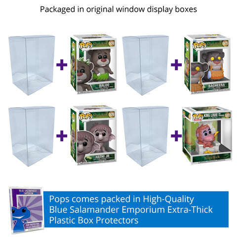 Jungle Book: Baloo, Bagheera with Basket, Hathi Jr, King Louie on Throne Deluxe  Funko Pops + Protective Cases