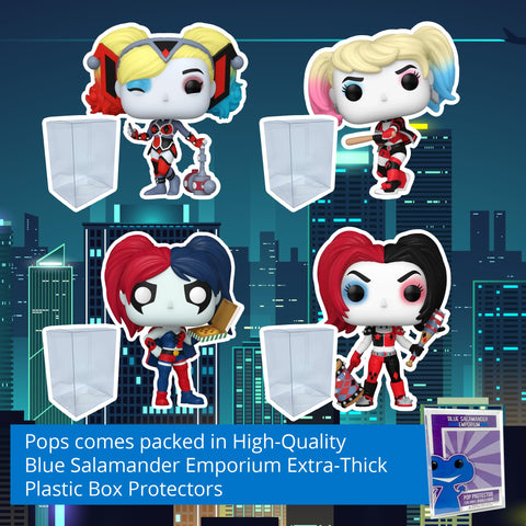 Harley Quinn Takeover: Harley on Apokolips #450, Harley with Bat #451, Harley with Pizza #452, Harley with Accessories #453 Funko Pop Vinyl Figures + Protective Cases