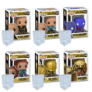 Black Adam (Flying), BA (Lightning), Atom Smasher, Cyclone, Dr. Fate, Hawkman Funko Pops + Protective Cases
