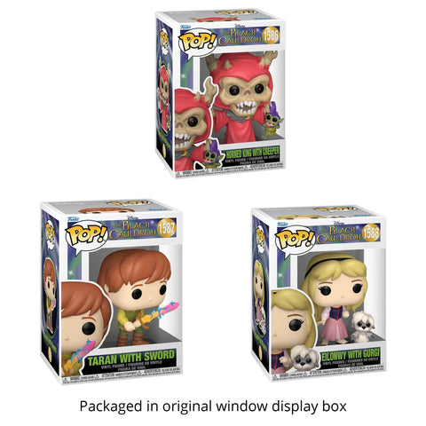 The Black Cauldron: Taran with Sword #1587, Eilonwy with Gurgi #1588, Horned King with Creeper #1586 Funko Pops + Protective Cases