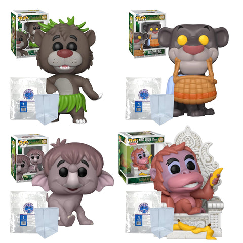 Jungle Book: Baloo, Bagheera with Basket, Hathi Jr, King Louie on Throne Deluxe  Funko Pops + Protective Cases