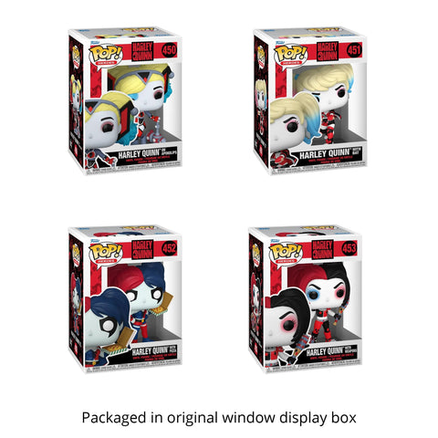 Harley Quinn Takeover: Harley on Apokolips #450, Harley with Bat #451, Harley with Pizza #452, Harley with Accessories #453 Funko Pop Vinyl Figures + Protective Cases