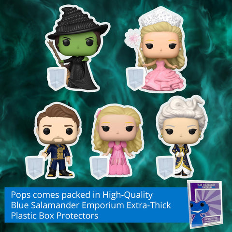 Wicked Set of 5: Elphaba, Glinda in Bubble Gown, Fiyero, Glinda in Nightgown, Madame Morrible Funko Pops + Protective Cases