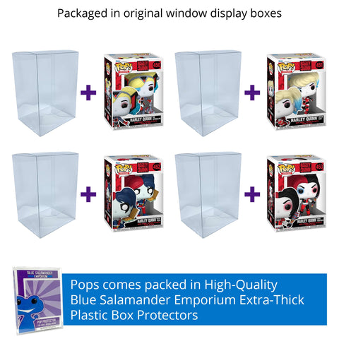 Harley Quinn Takeover: Harley on Apokolips #450, Harley with Bat #451, Harley with Pizza #452, Harley with Accessories #453 Funko Pop Vinyl Figures + Protective Cases