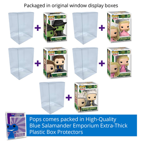 Wicked Set of 5: Elphaba, Glinda in Bubble Gown, Fiyero, Glinda in Nightgown, Madame Morrible Funko Pops + Protective Cases