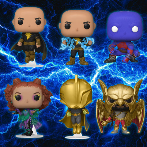 Black Adam (Flying), BA (Lightning), Atom Smasher, Cyclone, Dr. Fate, Hawkman Funko Pops + Protective Cases