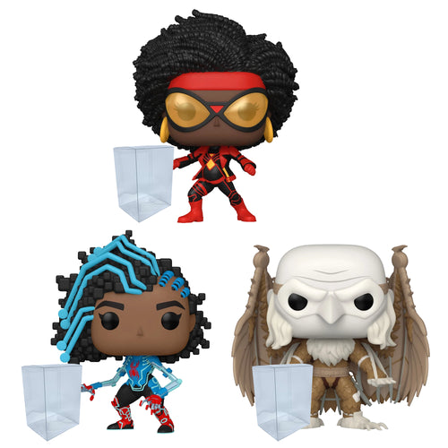 Across the Spider-Verse Funko Pop Set of 3 with Protector Cases – Spider-Woman #1228, Spider-Byte #1229, Medieval Vulture #1230