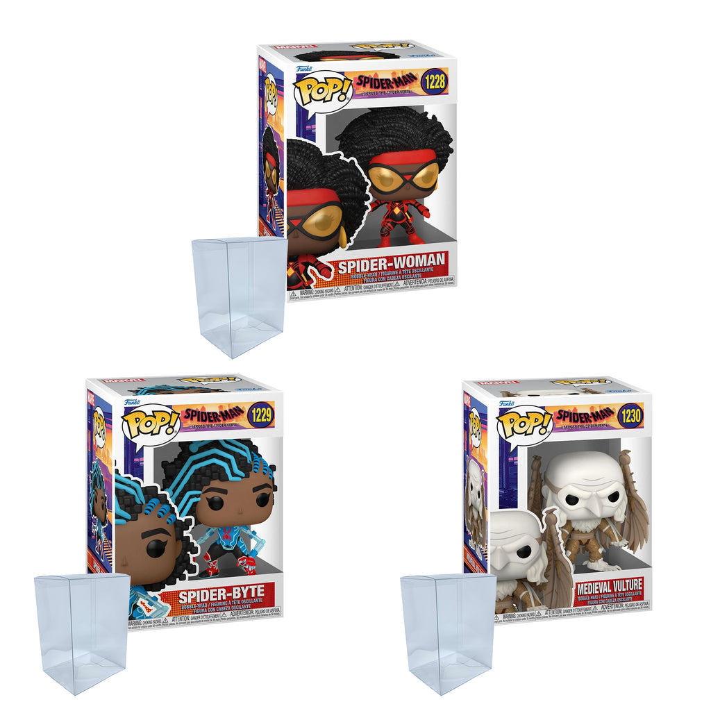 Across the Spider-Verse Funko Pop Set of 3 with Protector Cases – Spider-Woman #1228, Spider-Byte #1229, Medieval Vulture #1230