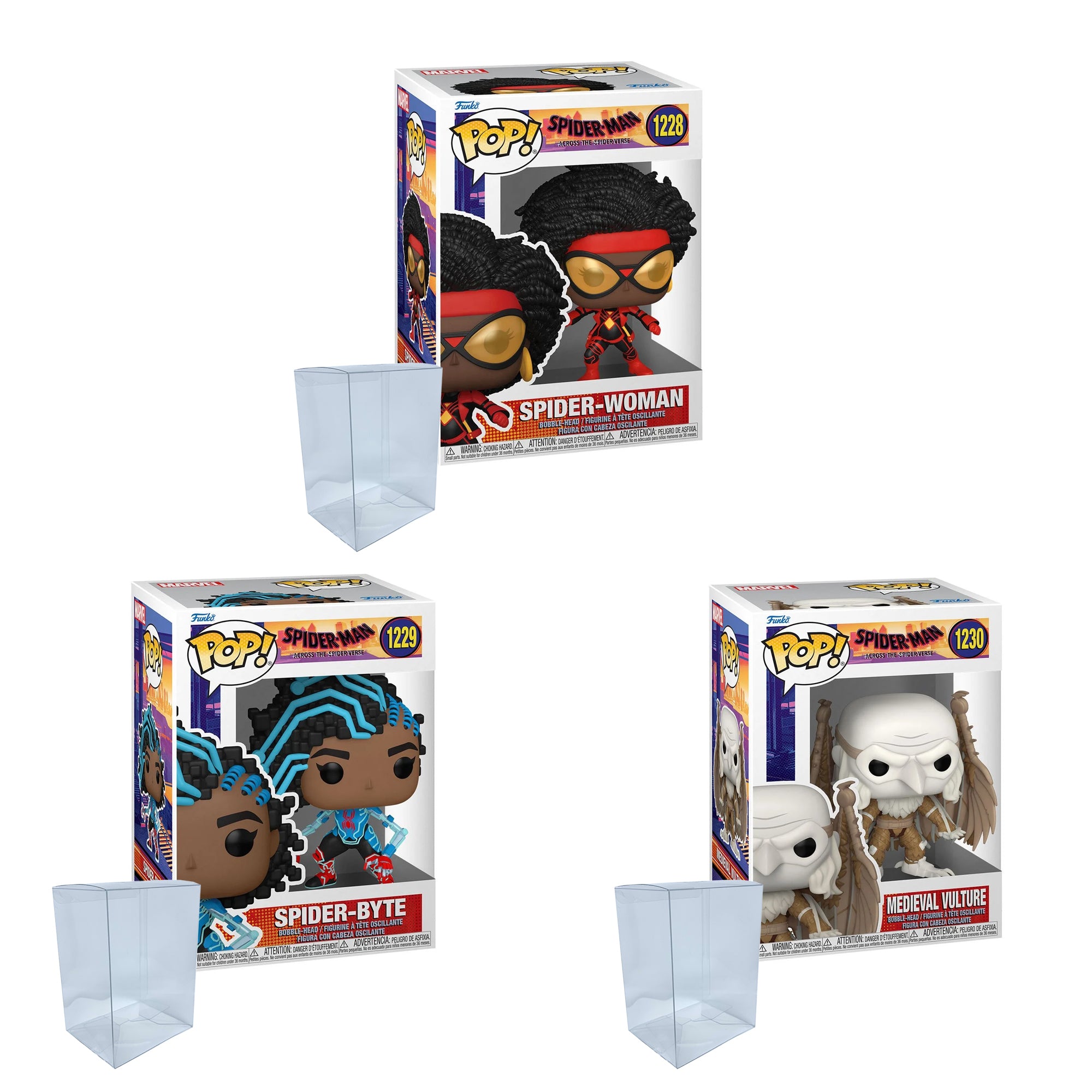 Across the Spider-Verse Funko Pop Set of 3 with Protector Cases – Spider-Woman #1228, Spider-Byte #1229, Medieval Vulture #1230