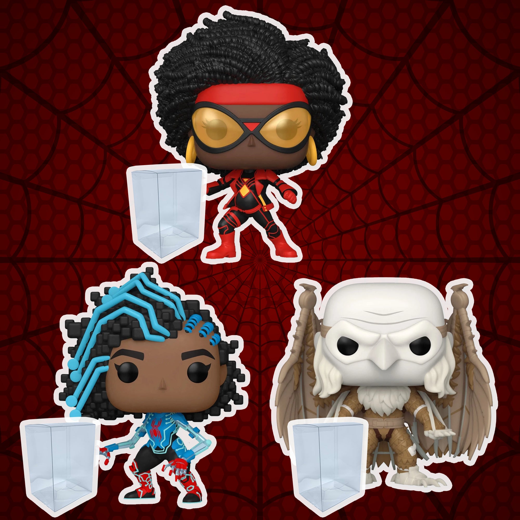Across the Spider-Verse Funko Pop Set of 3 with Protector Cases – Spider-Woman #1228, Spider-Byte #1229, Medieval Vulture #1230