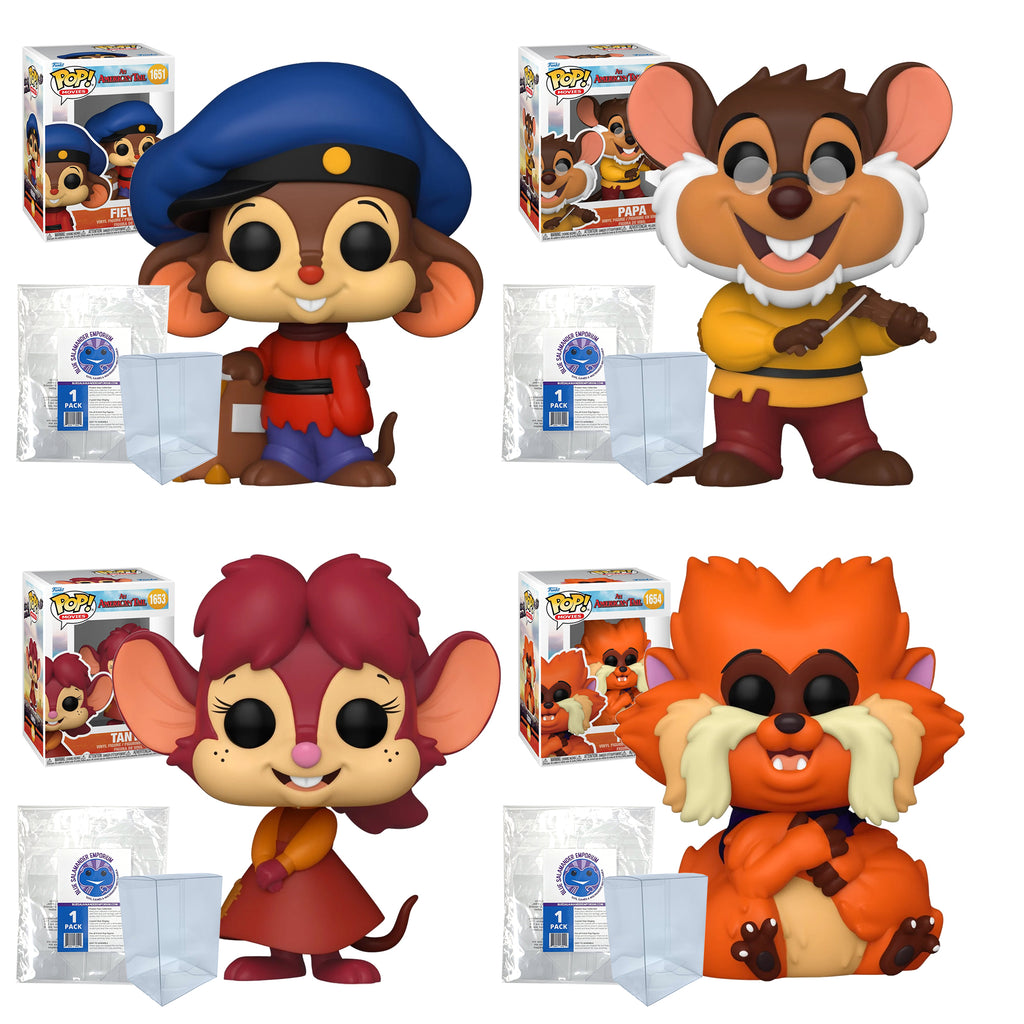 An American Tail Funko Pop Set of 4 with Protector Cases – Fievel #1651, Papa with Violin #1652, Tanya Smiling #1653, Tiger #1654