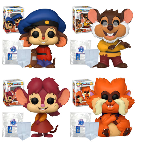 An American Tail Funko Pop Set of 4 with Protector Cases – Fievel #1651, Papa with Violin #1652, Tanya Smiling #1653, Tiger #1654