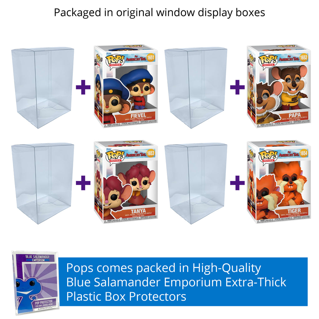 An American Tail Funko Pop Set of 4 with Protector Cases – Fievel #1651, Papa with Violin #1652, Tanya Smiling #1653, Tiger #1654