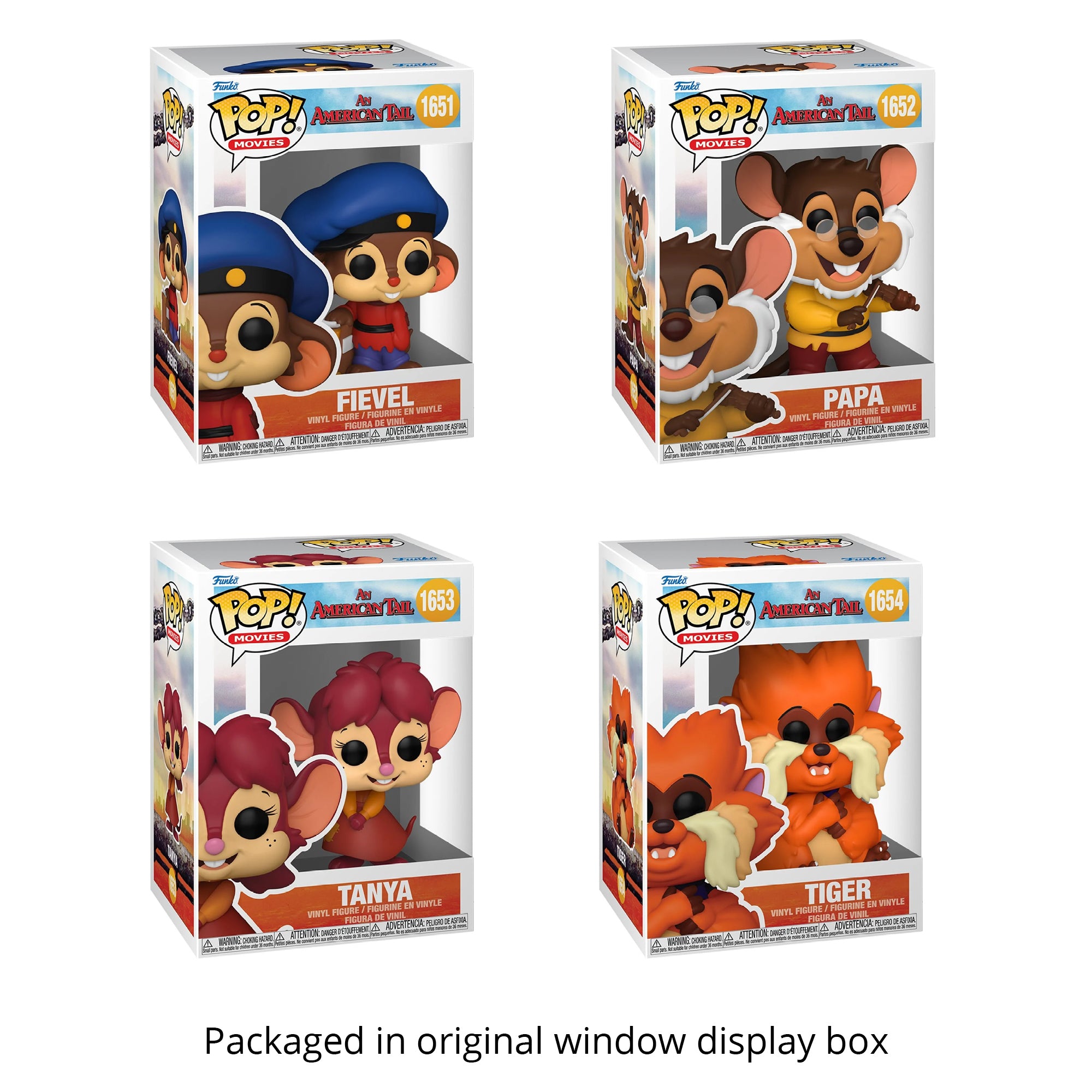 An American Tail Funko Pop Set of 4 with Protector Cases – Fievel #1651, Papa with Violin #1652, Tanya Smiling #1653, Tiger #1654