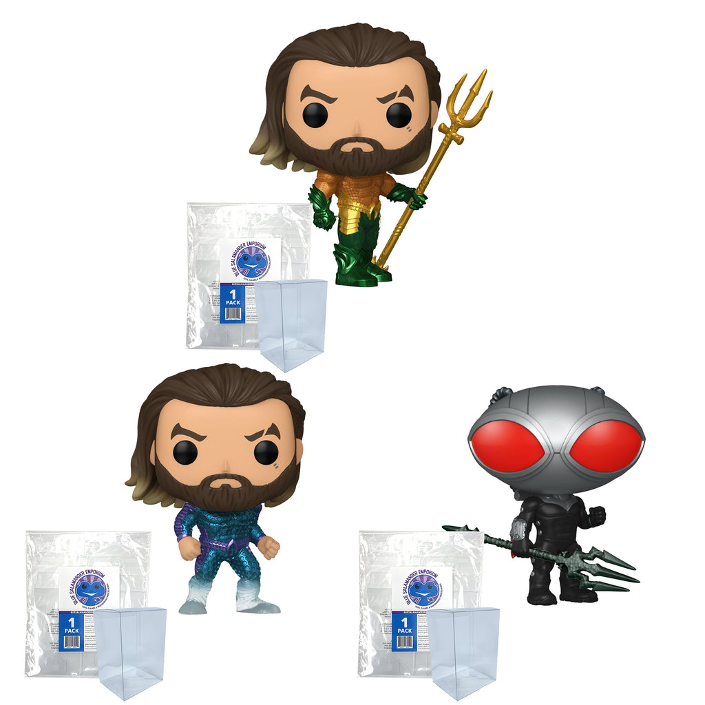 Aquaman and the Lost Kingdom Funko Pop Set of 3 with Protector Cases – Aquaman (Hero Suit) #1301, Aquaman (Stealth Suit) #1302, Black Manta with Trident #1303