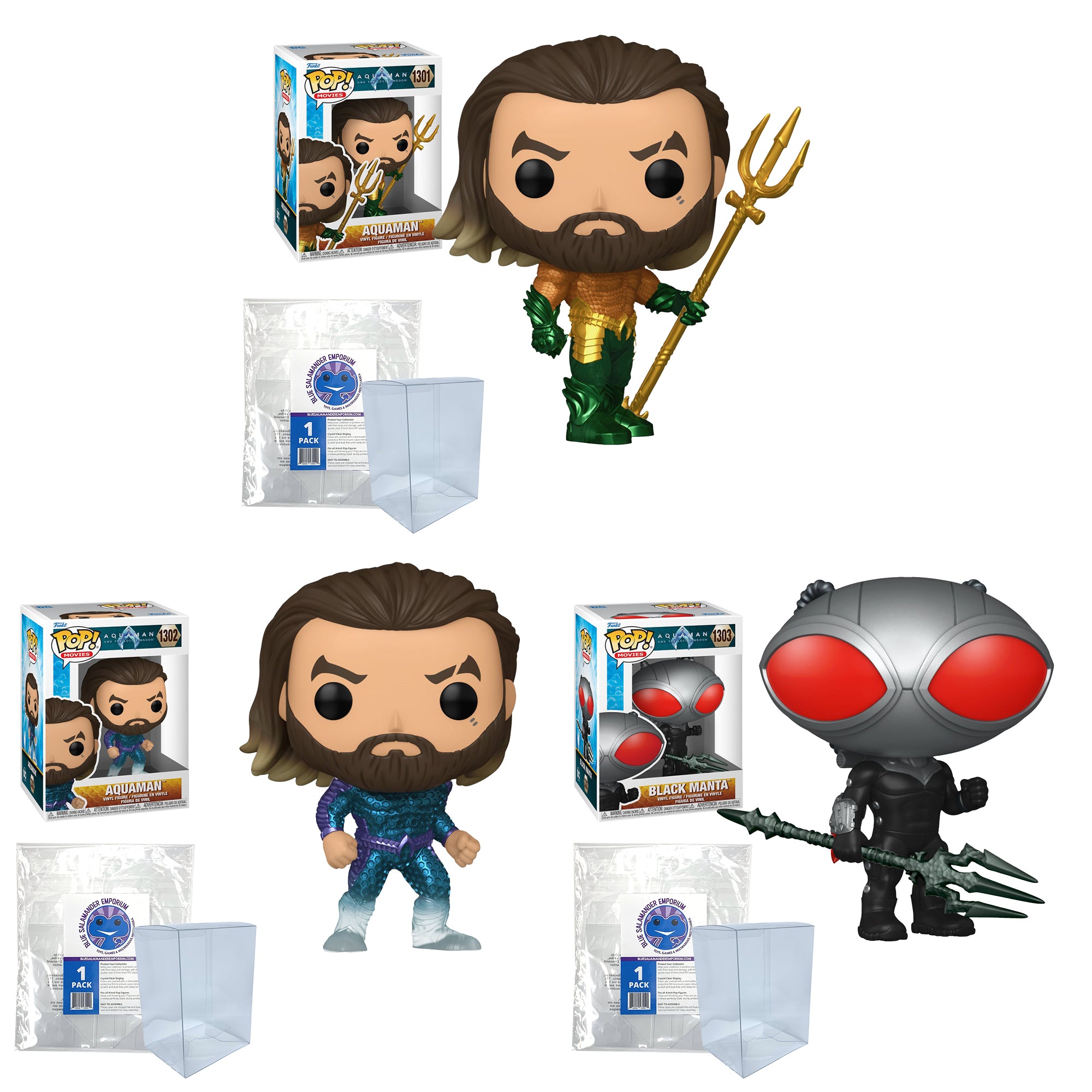 Aquaman and the Lost Kingdom Funko Pop Set of 3 with Protector Cases – Aquaman (Hero Suit) #1301, Aquaman (Stealth Suit) #1302, Black Manta with Trident #1303