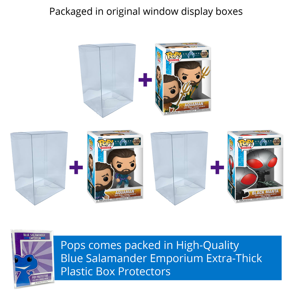 Aquaman and the Lost Kingdom Funko Pop Set of 3 with Protector Cases – Aquaman (Hero Suit) #1301, Aquaman (Stealth Suit) #1302, Black Manta with Trident #1303