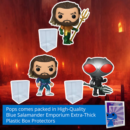Aquaman and the Lost Kingdom Funko Pop Set of 3 with Protector Cases – Aquaman (Hero Suit) #1301, Aquaman (Stealth Suit) #1302, Black Manta with Trident #1303