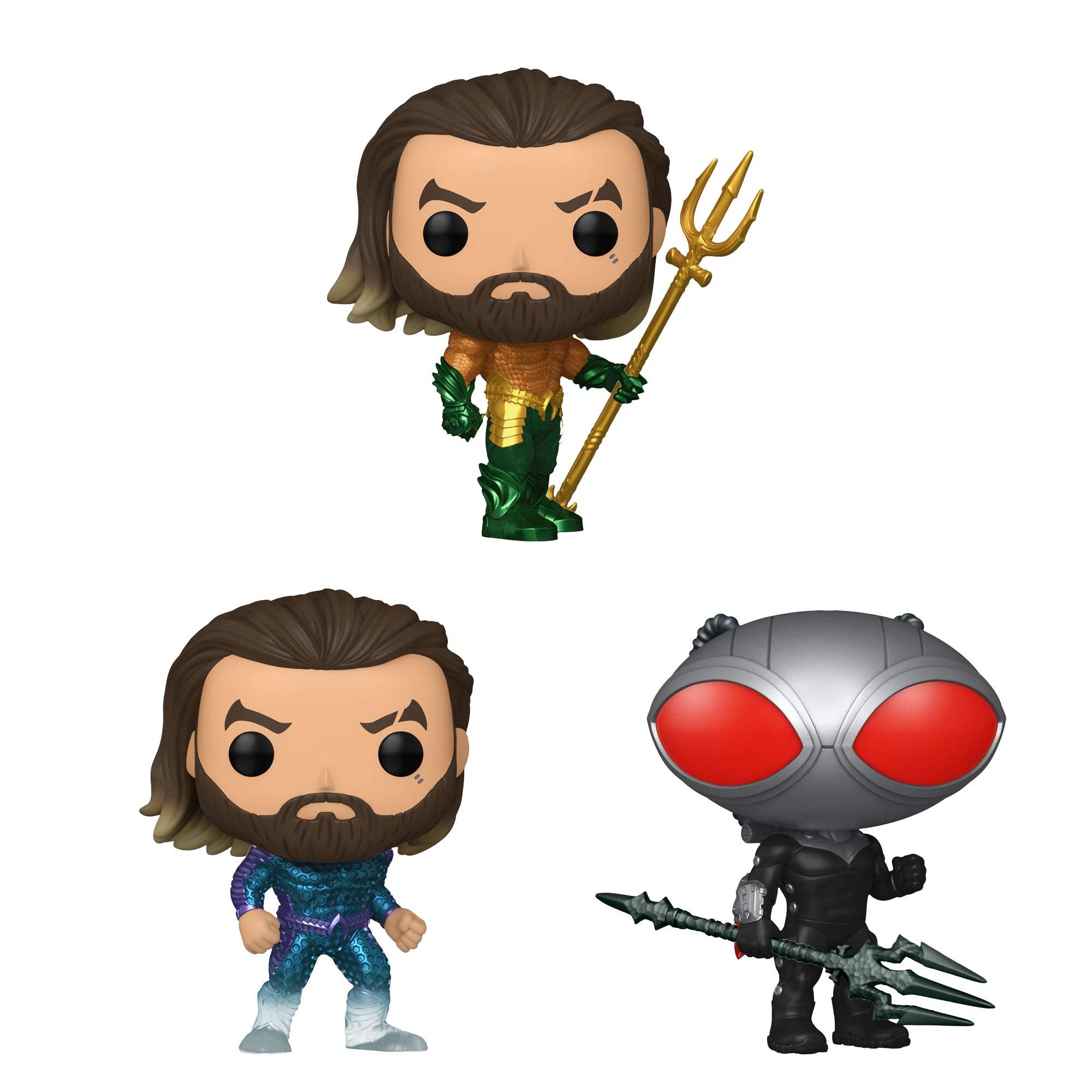 Aquaman and the Lost Kingdom Funko Pop Set of 3 with Protector Cases – Aquaman (Hero Suit) #1301, Aquaman (Stealth Suit) #1302, Black Manta with Trident #1303