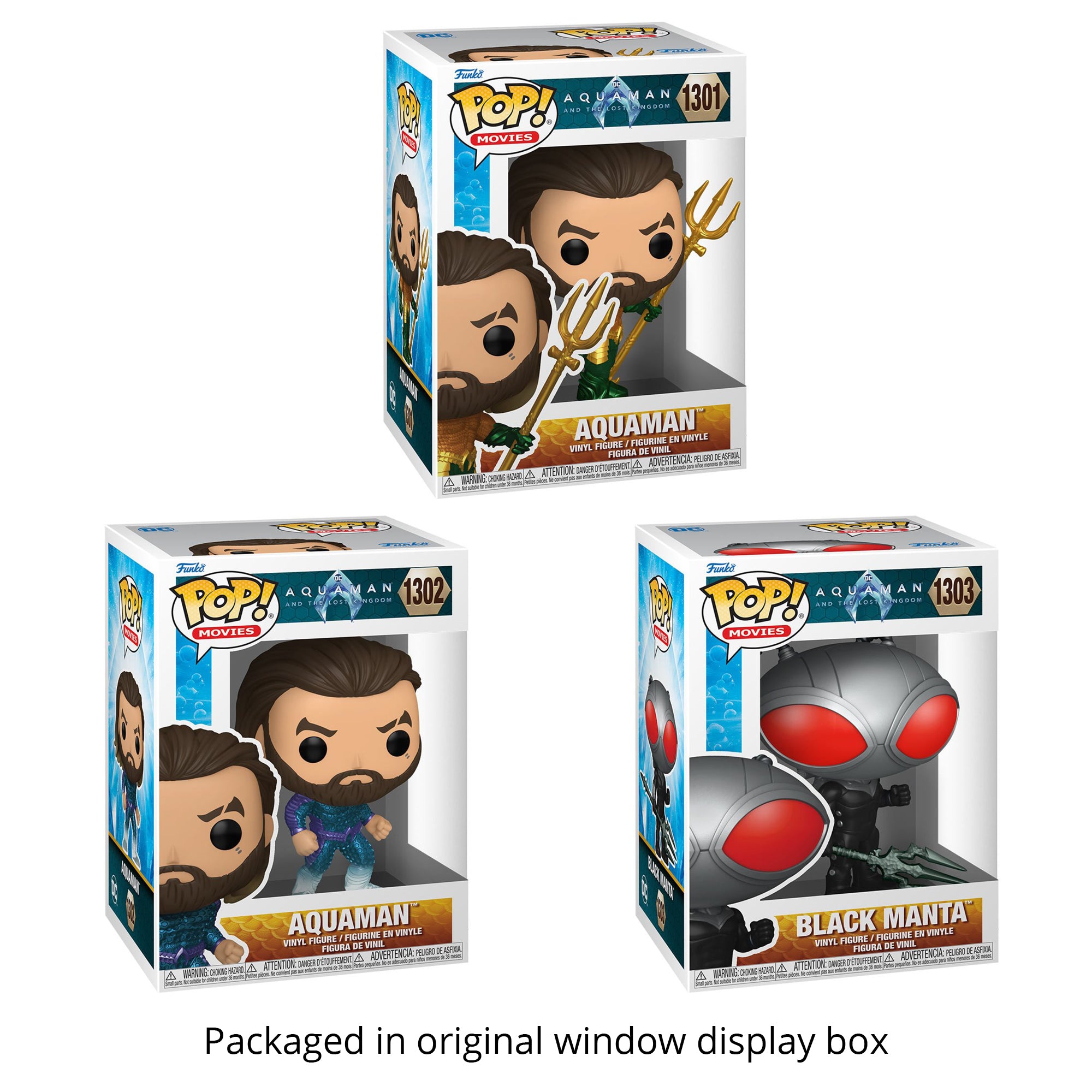 Aquaman and the Lost Kingdom Funko Pop Set of 3 with Protector Cases – Aquaman (Hero Suit) #1301, Aquaman (Stealth Suit) #1302, Black Manta with Trident #1303