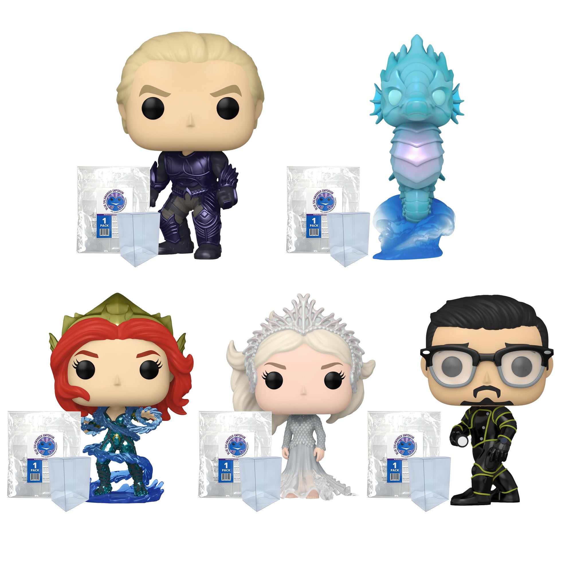Aquaman and the Lost Kingdom Funko Pop Set of 5 with Protector Cases – Orm #1304, Storm #1305, Mera with Hydrokinesis #1306, Atlanna in Gown #1307, Dr. Shin #1308