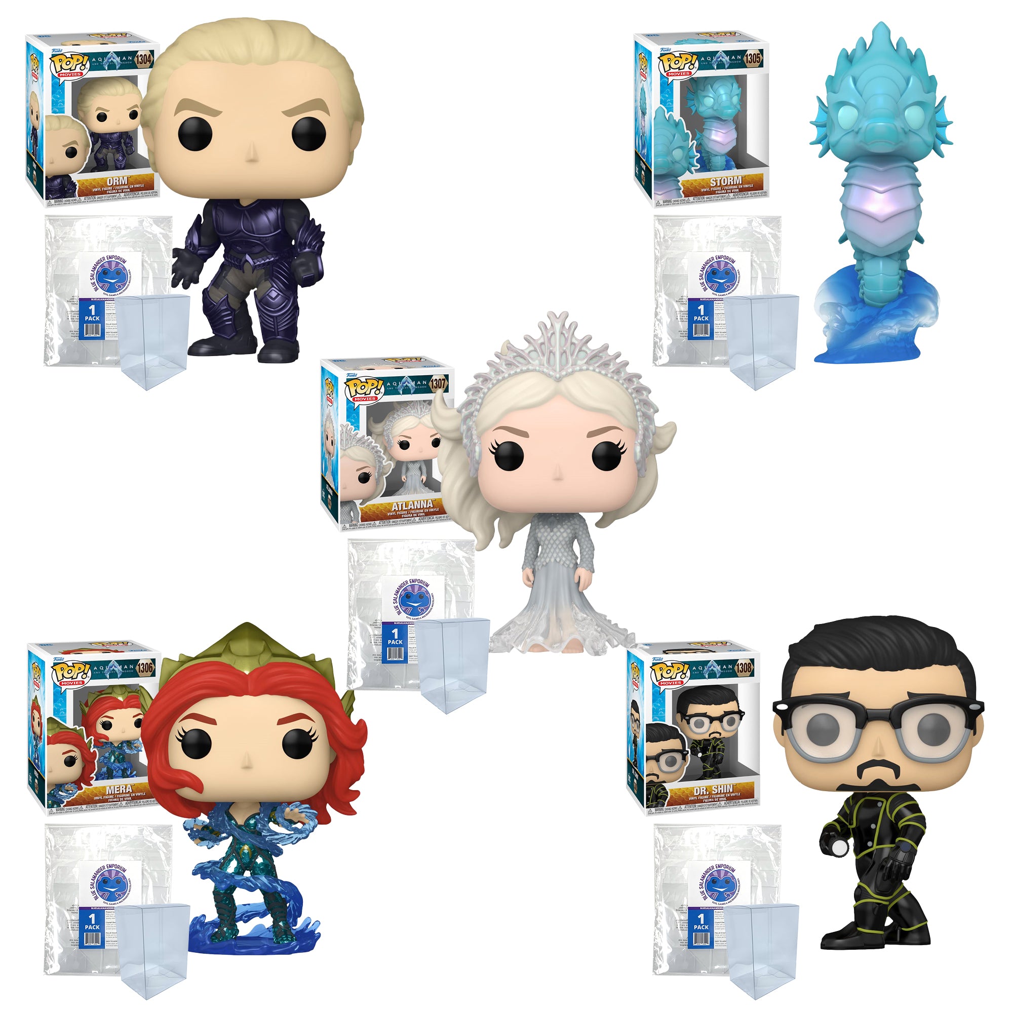Aquaman and the Lost Kingdom Funko Pop Set of 5 with Protector Cases – Orm #1304, Storm #1305, Mera with Hydrokinesis #1306, Atlanna in Gown #1307, Dr. Shin #1308