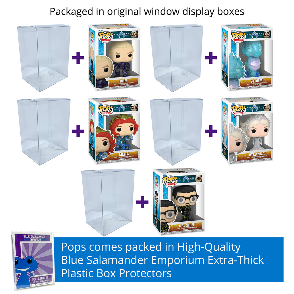 Aquaman and the Lost Kingdom Funko Pop Set of 5 with Protector Cases – Orm #1304, Storm #1305, Mera with Hydrokinesis #1306, Atlanna in Gown #1307, Dr. Shin #1308