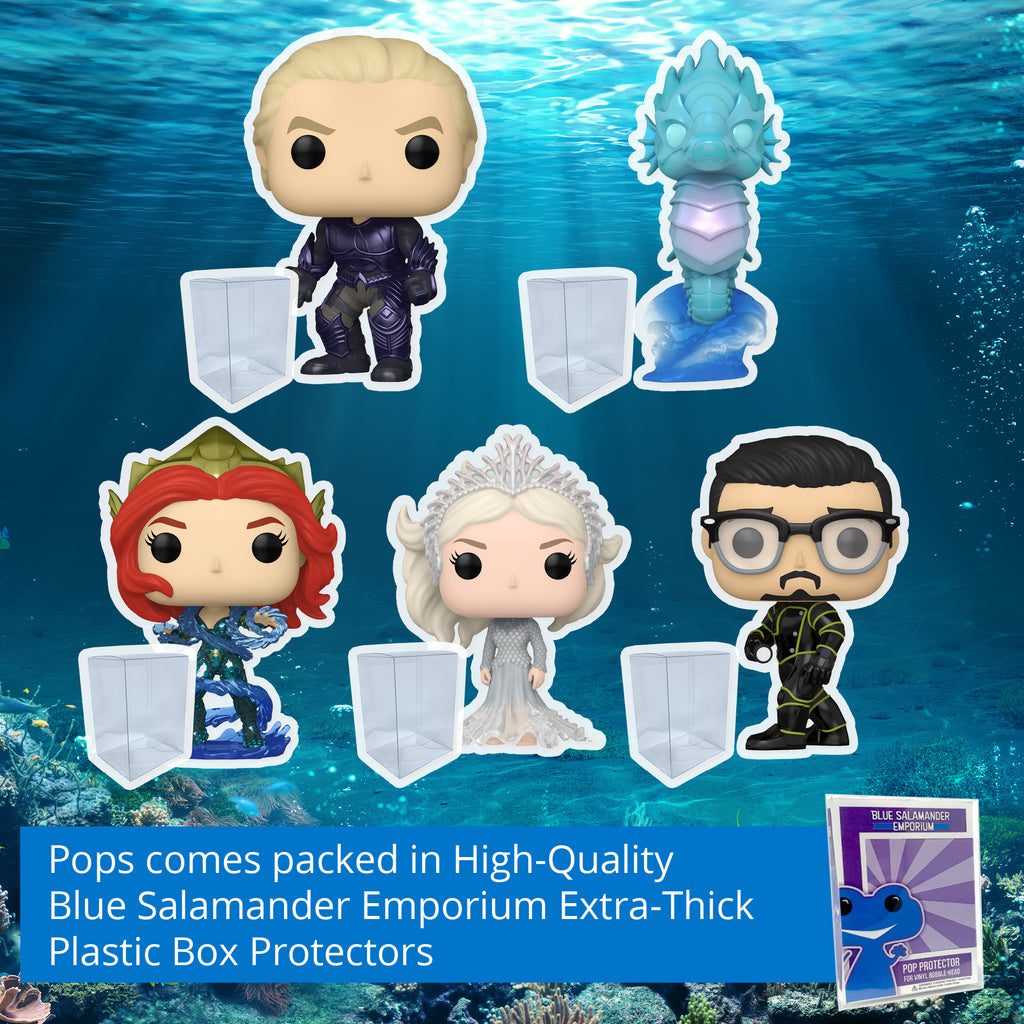 Aquaman and the Lost Kingdom Funko Pop Set of 5 with Protector Cases – Orm #1304, Storm #1305, Mera with Hydrokinesis #1306, Atlanna in Gown #1307, Dr. Shin #1308