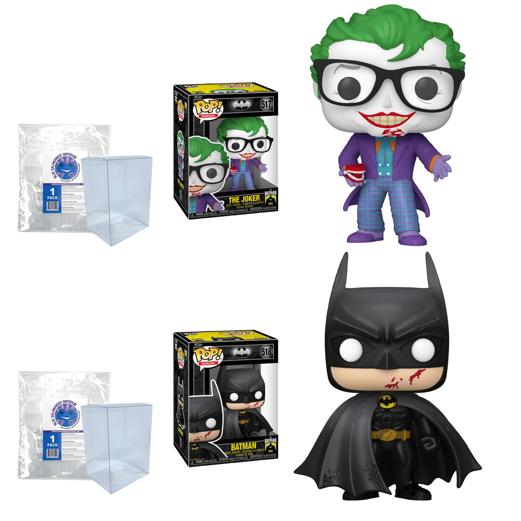 Batman 85th Anniversary Funko Pop Set of 2 with Protector Cases – The Joker with Teeth #517 and Batman Bloody #518
