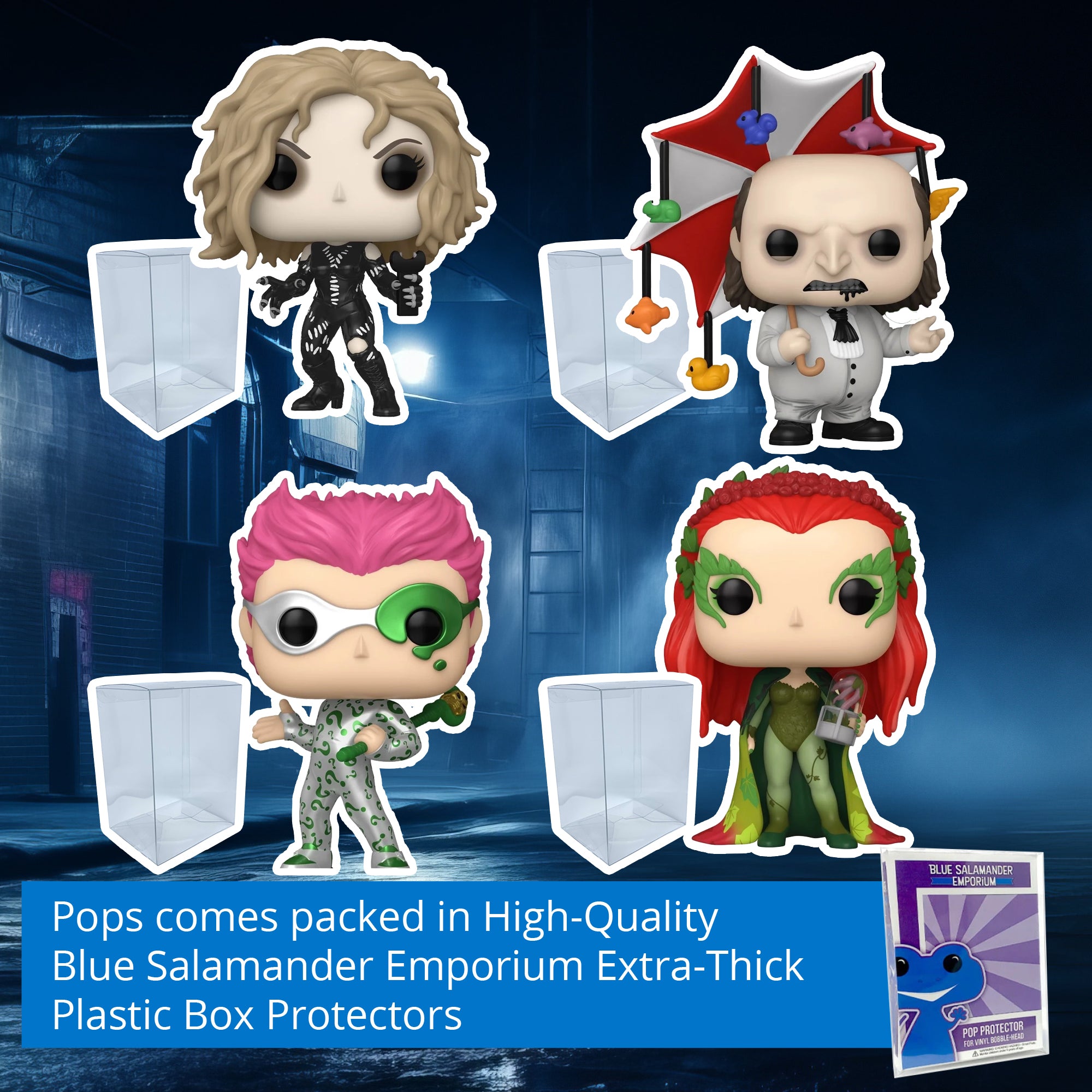 Batman Villains Funko Pop Set of 4 with Protector Cases – Catwoman #528, The Penguin #529, The Riddler #530, Poison Ivy #531