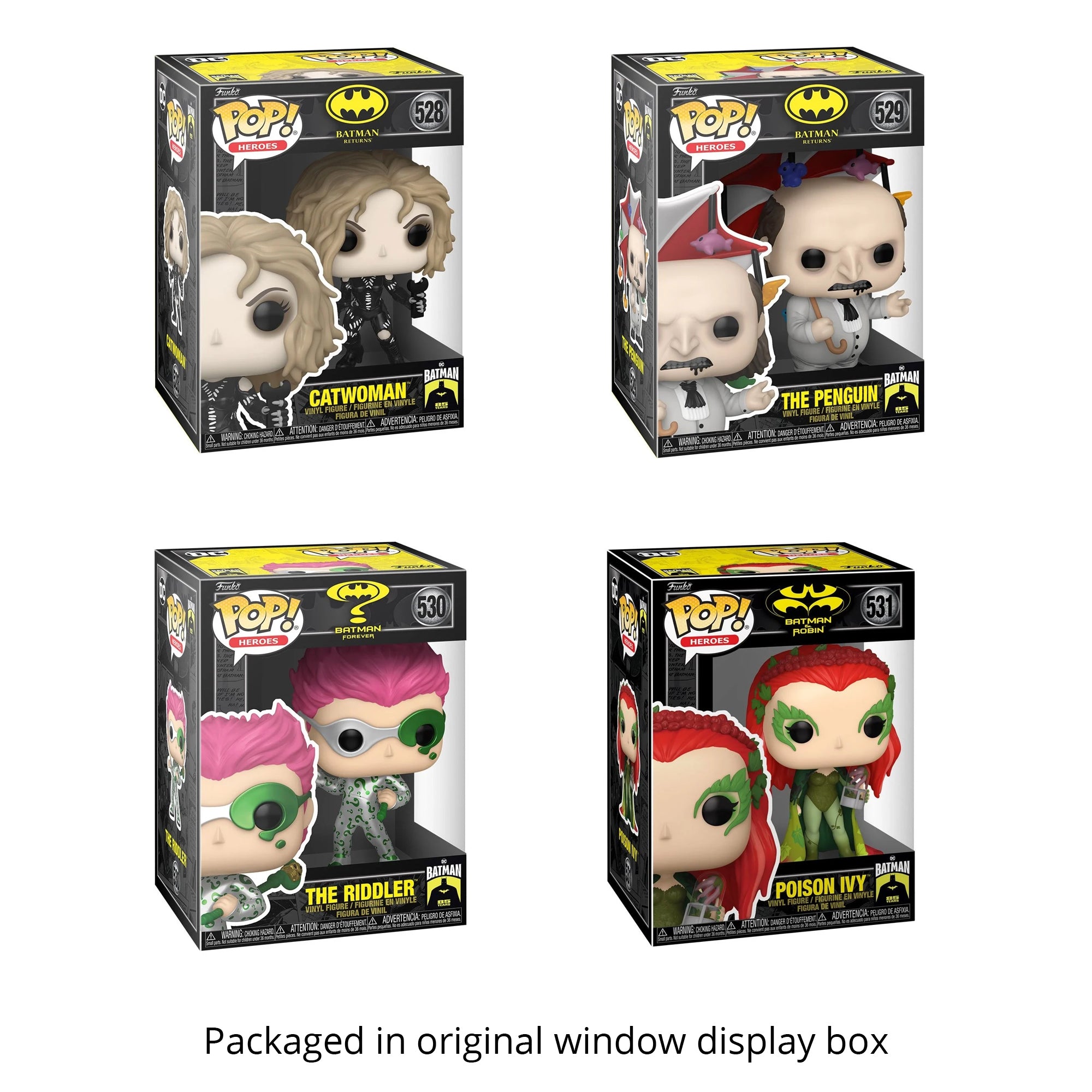 Batman Villains Funko Pop Set of 4 with Protector Cases – Catwoman #528, The Penguin #529, The Riddler #530, Poison Ivy #531