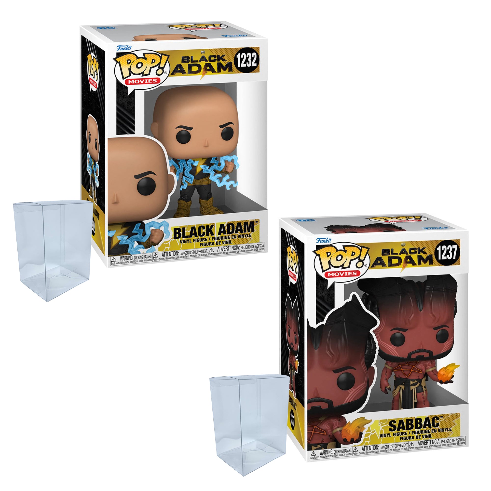 Black Adam Set of 2 Funko Pops with Protector Cases – Black Adam (Lightning) #1232 and Sabbac #1237 + 2 Plastic Protective Cases