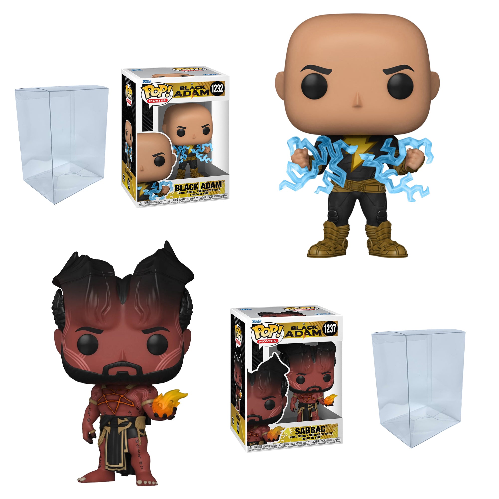 Black Adam Set of 2 Funko Pops with Protector Cases – Black Adam (Lightning) #1232 and Sabbac #1237 + 2 Plastic Protective Cases
